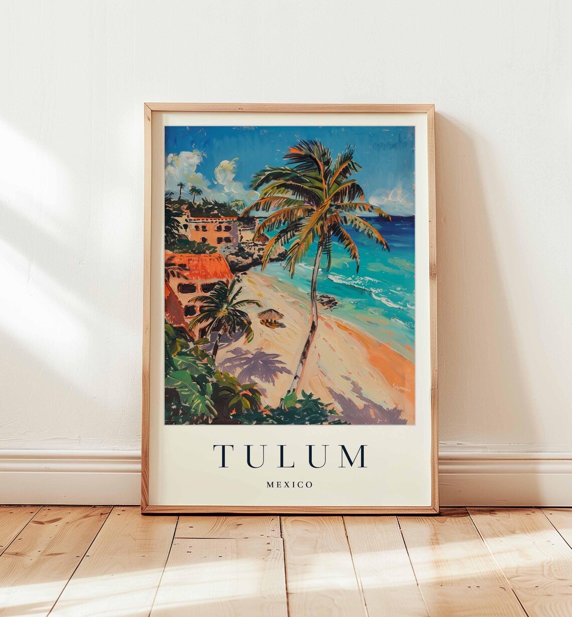 Tulum Mexico Palm Beach Red Roof Buildings Turquoise Travel Poster