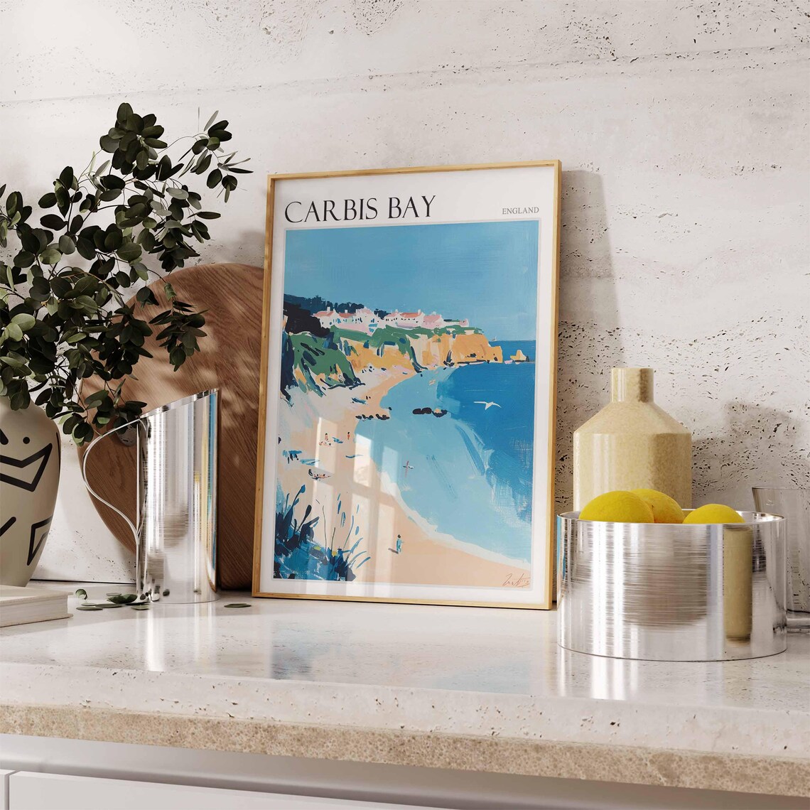 Carbis Bay England Golden Beach Cliffs Blue Sea Painted Travel Poster - Image 2