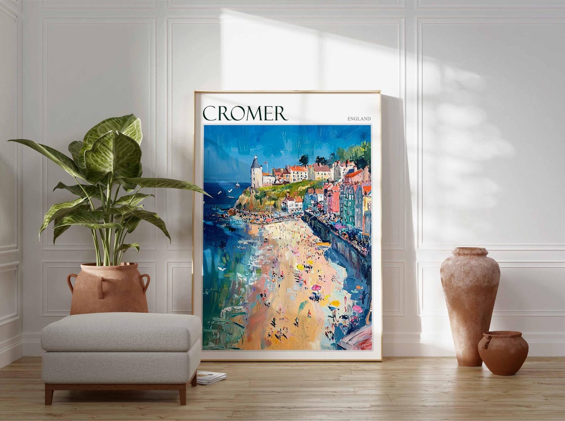 Cromer England Crowded Beach and Promenade Seaside Art Poster - Image 3