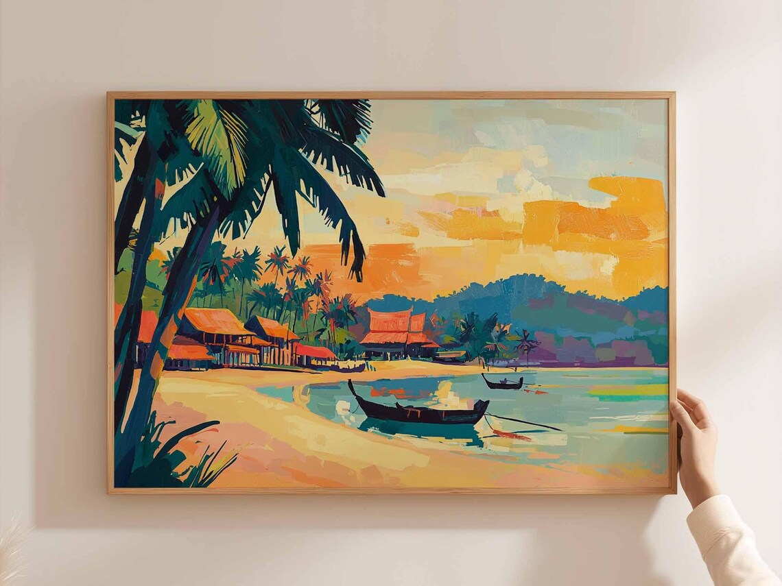 Cambodia Beach Sunset Fishing Boats Stylized Tropical Seaside Poster