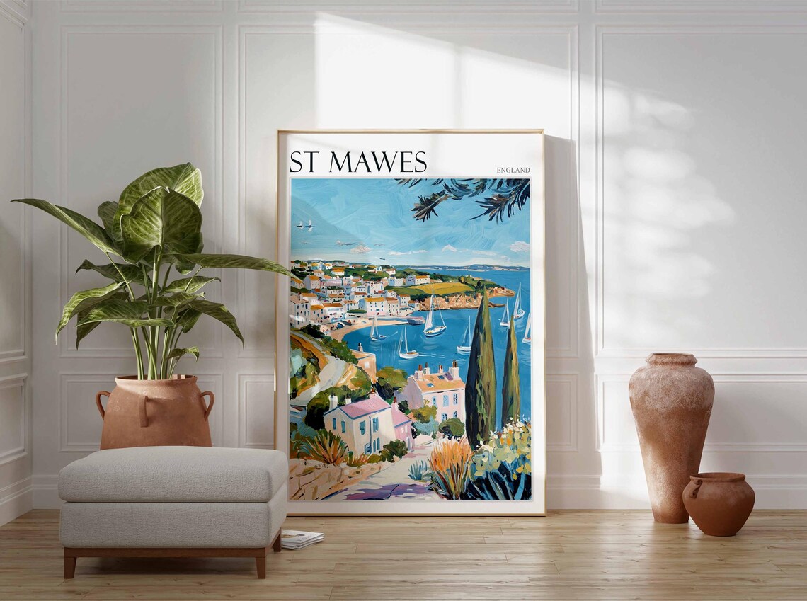 St Mawes England Panoramic Bay View with Sailboats and Cypress Trees Poster - Image 2