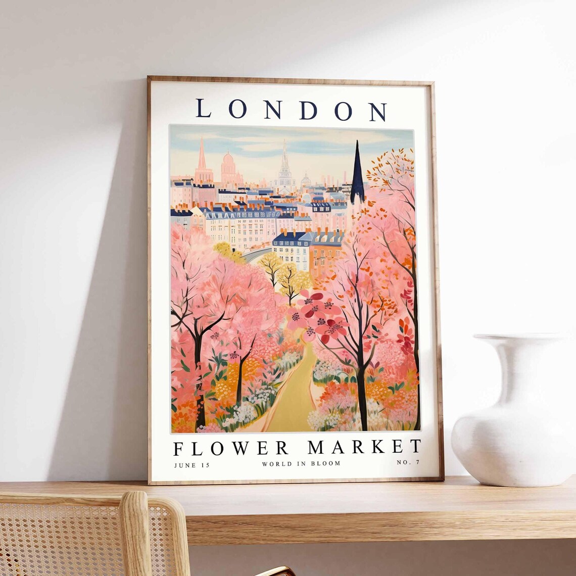 London Flower Market Cherry Blossom Park Path City Art Poster