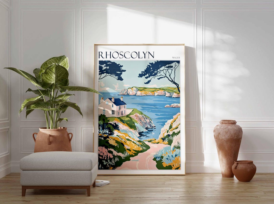 Rhoscolyn Wales Vintage Cliff Cottage Tree Framed Bay Poster - Image 4