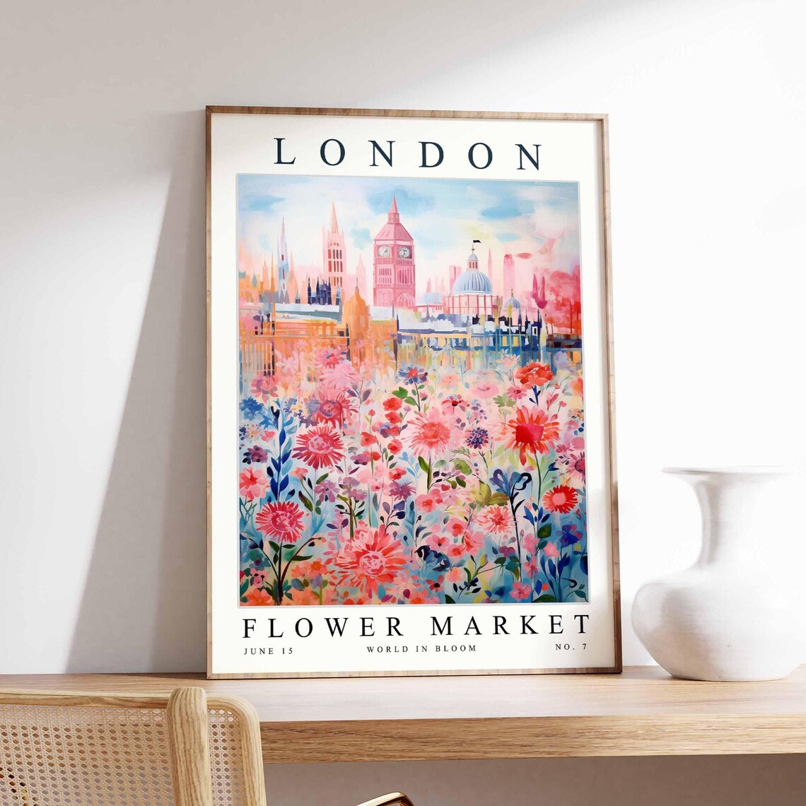 London Big Ben Flower Market Pink Wildflower Field Art Poster