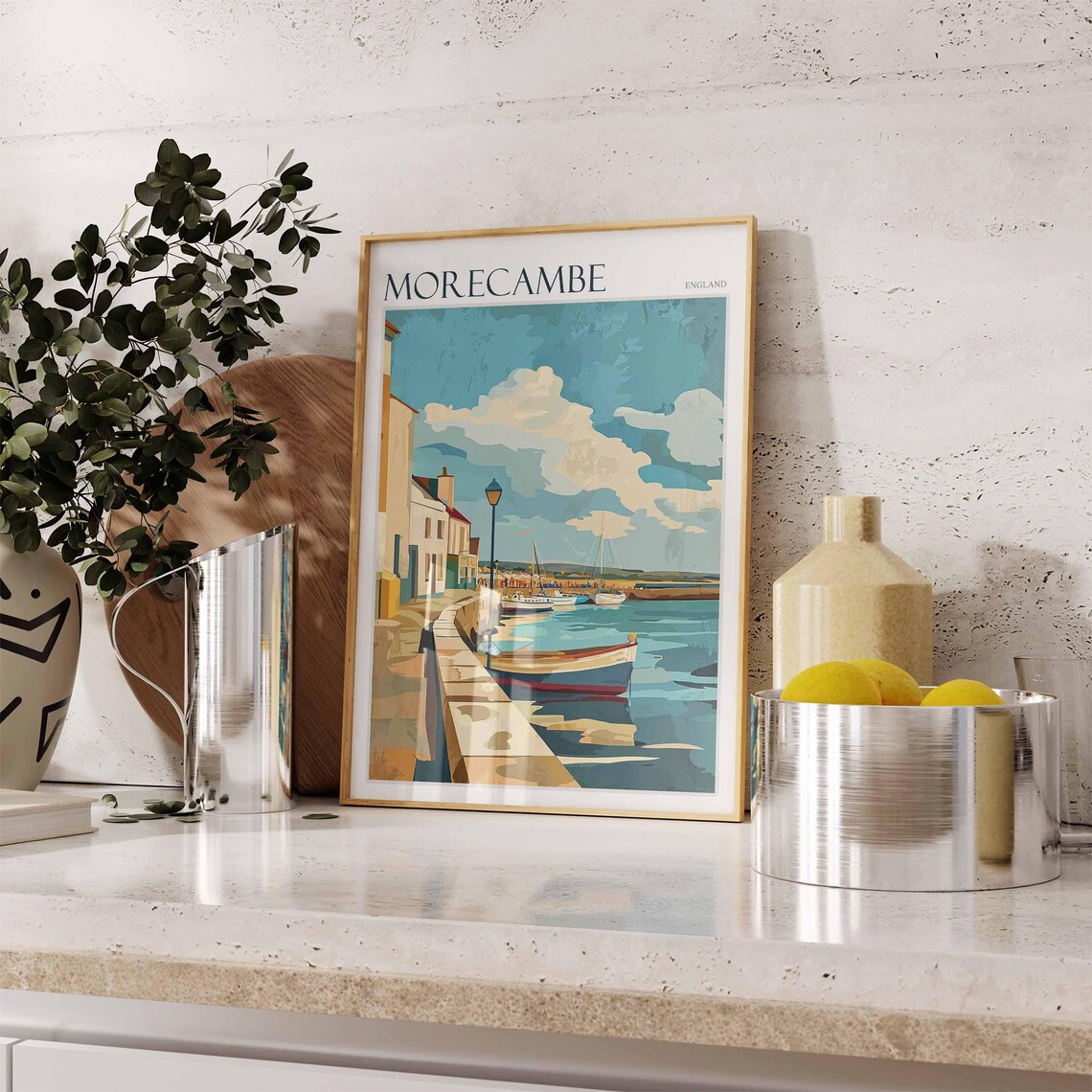 Morecambe England Vintage Harbor Rowboat Lamp Muted Tones Poster - Image 2