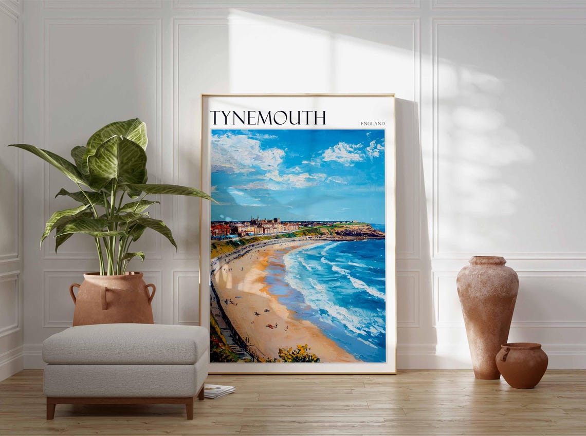 Tynemouth Sandy Beach Waves Cliffs Painterly Coastal England Poster - Image 2