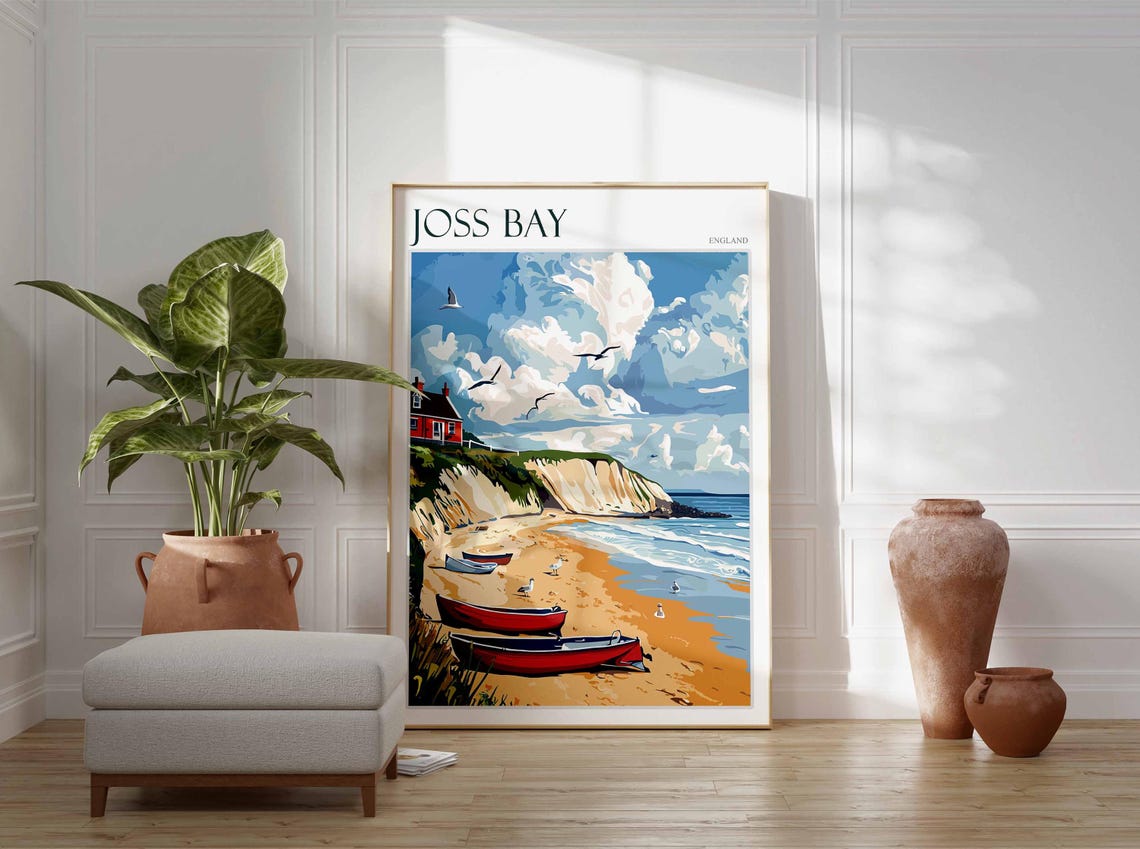 Joss Bay England Red Rowboats White Cliffs Seagulls Beach Poster - Image 3