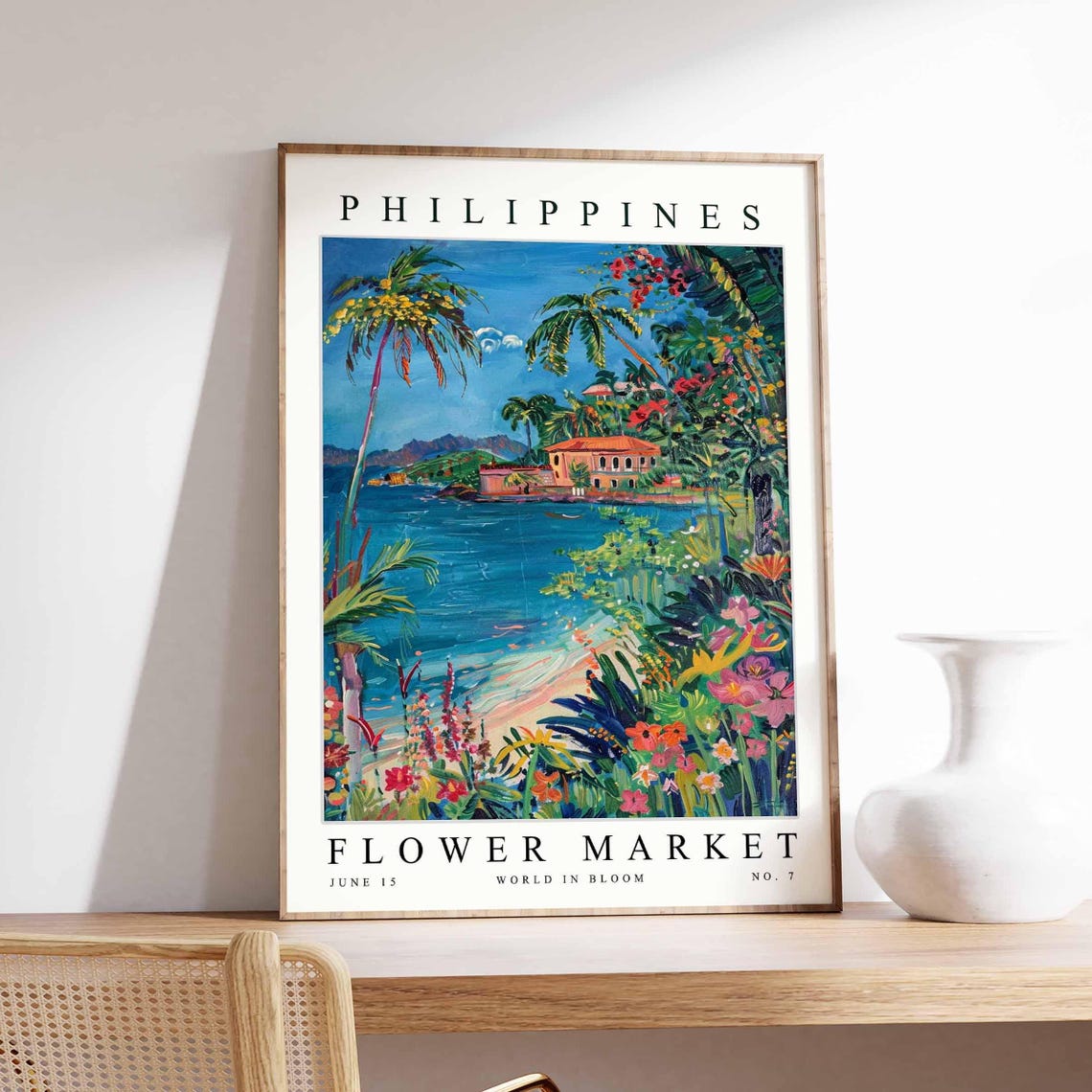 Philippines Beach Cove Villa Palm Bloom Garden Floral Travel Poster