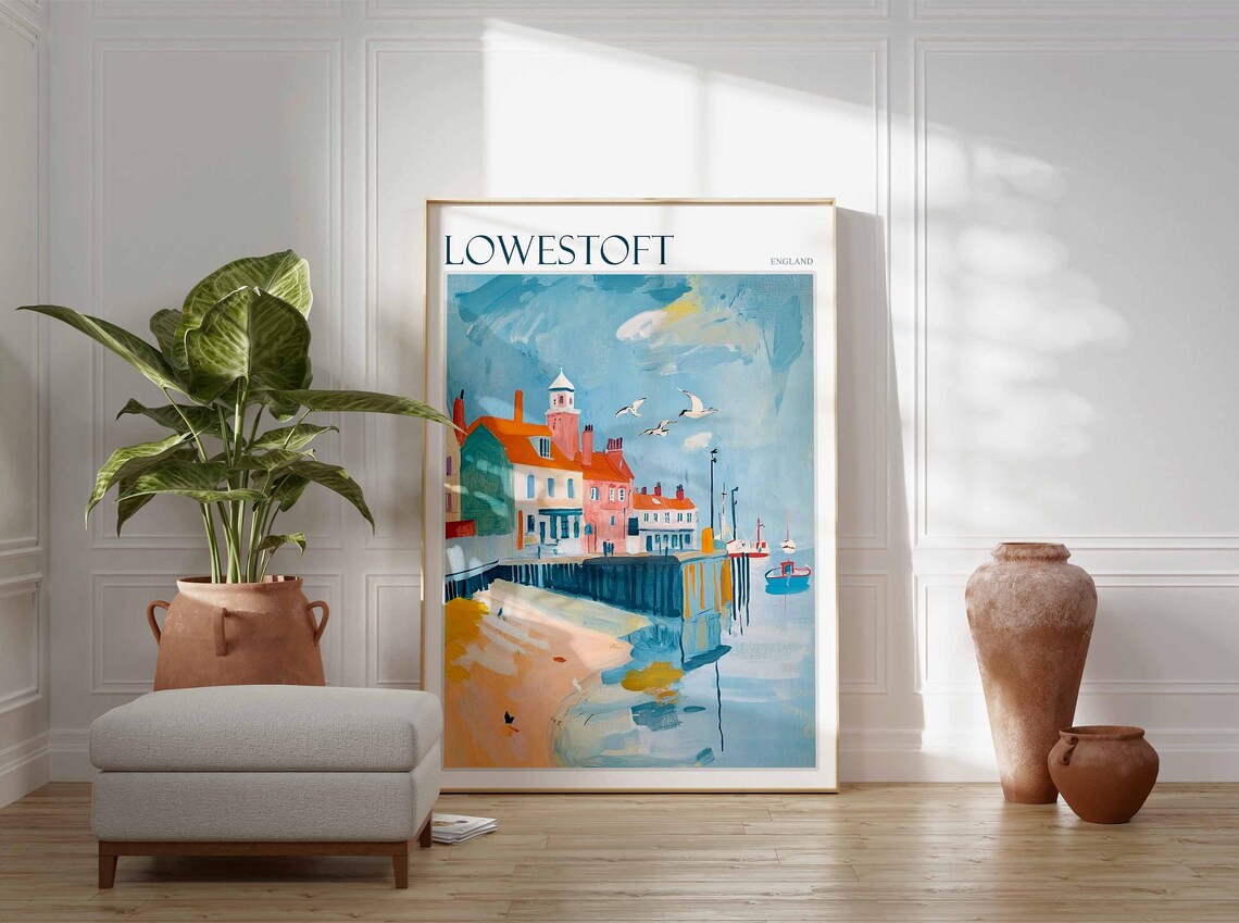 Lowestoft England Seagulls Beach Pastel Houses Fishing Boat Poster - Image 3