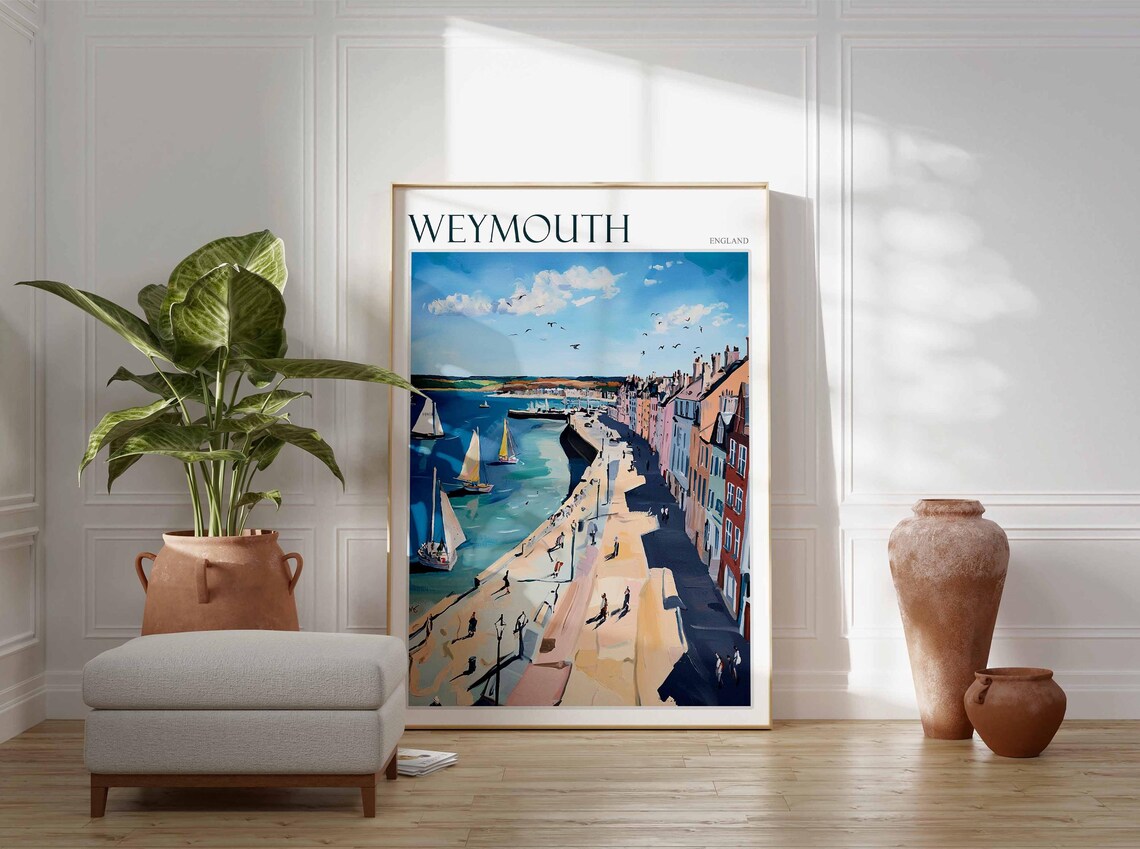 Weymouth England Busy Promenade Sailboats Seagulls Town Poster - Image 2