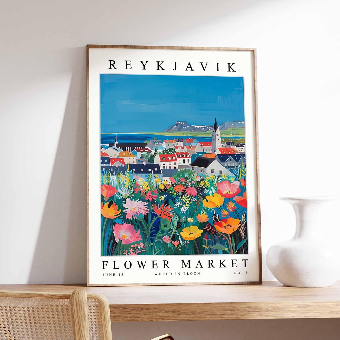 Reykjavik City Mountain Bay Wildflower Meadow View Travel Poster