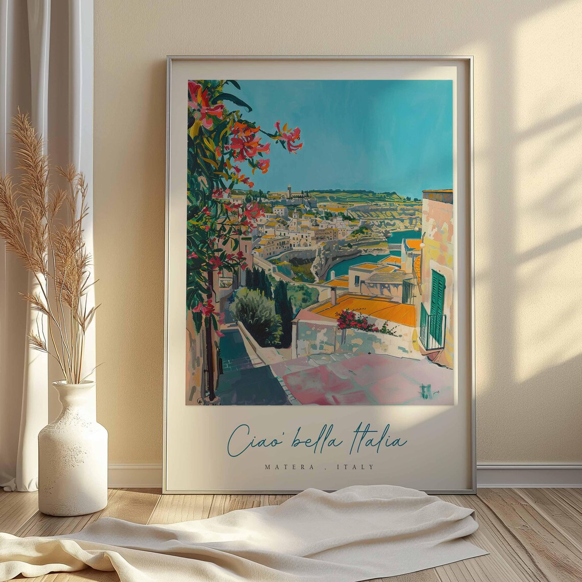 Matera Italy Balcony View Bougainvillea Ravine Watercolor Poster - Image 2