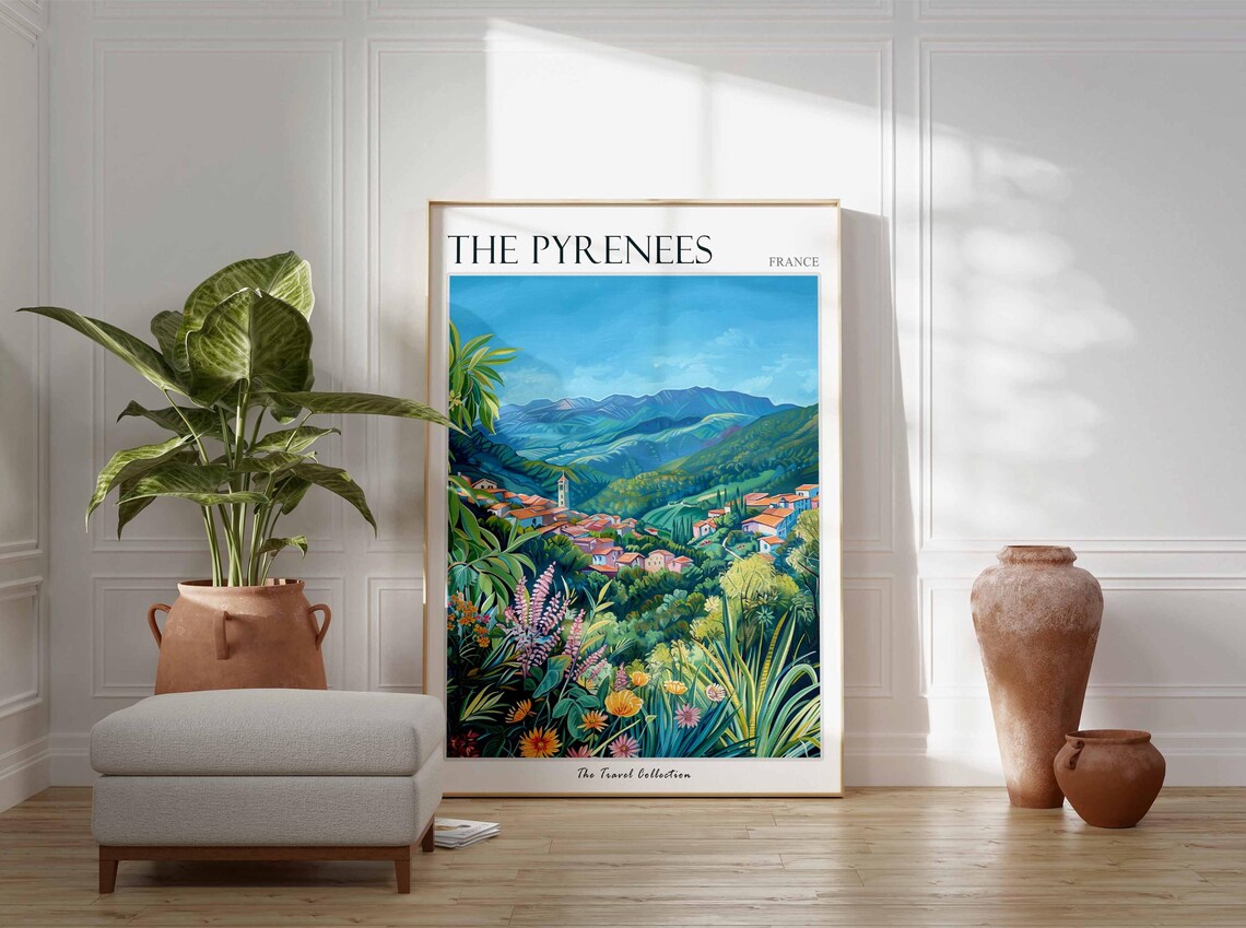 The Pyrenees France Mountain Village Wildflowers Painted Poster - Image 3