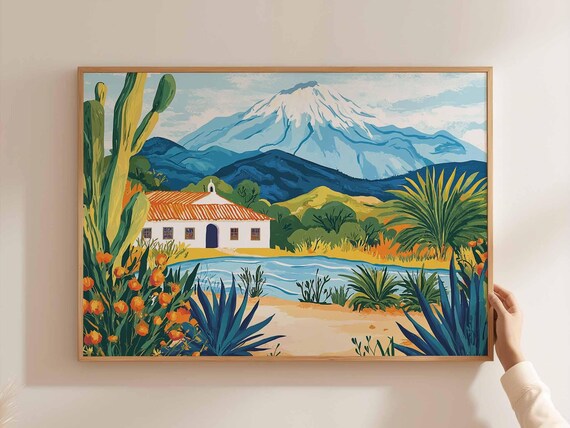 Snowcapped Volcano Hacienda Lake Landscape Bright Painterly Poster