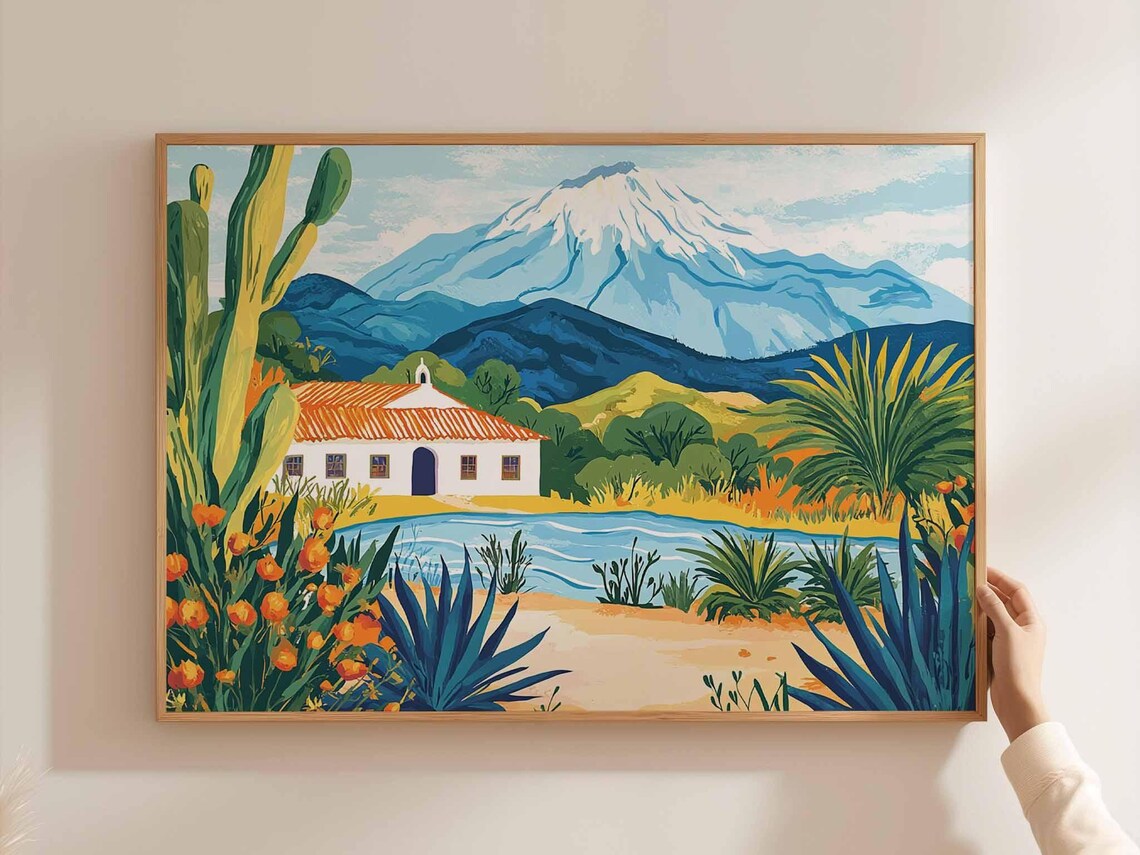 Snowcapped Volcano Hacienda Lake Landscape Bright Painterly Poster