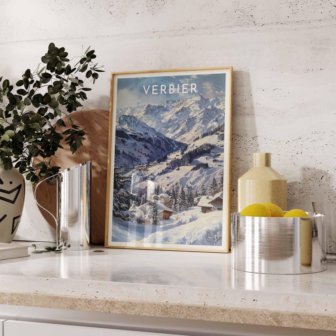 Verbier Switzerland Panoramic Snowy Peaks Chalets Winter Art Poster - Image 2