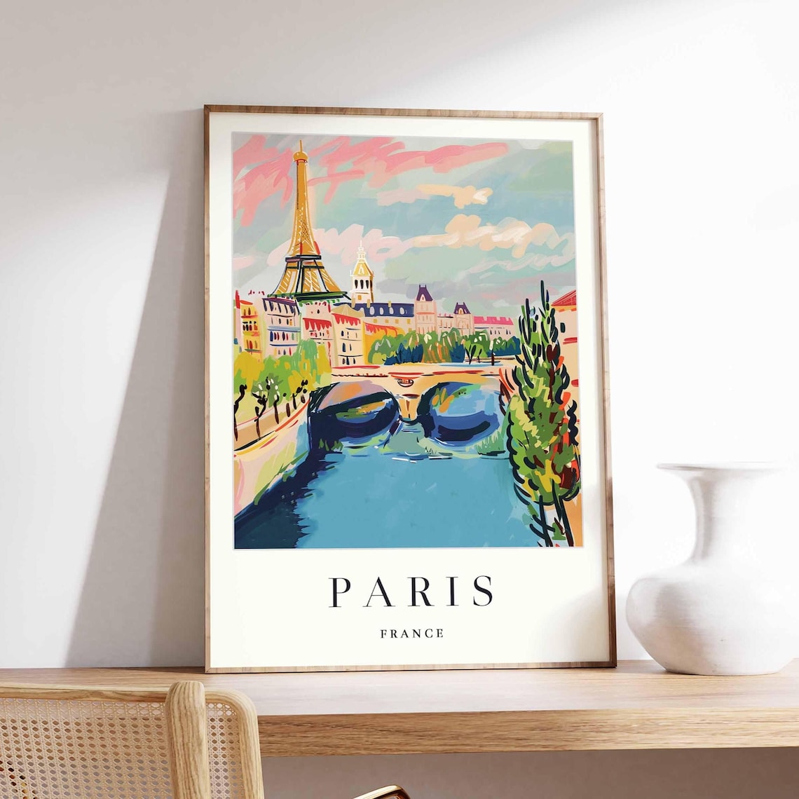 Paris France Eiffel Tower Seine Bridge Colorful Gouache Travel Poster
