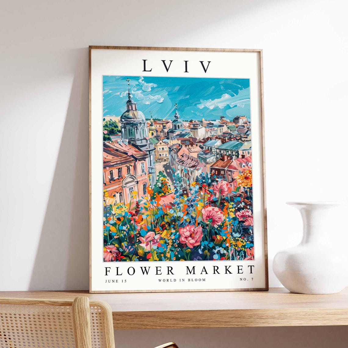 Lviv Flower Market Twin Blue Domes Rooftops Vivid Bloom Poster