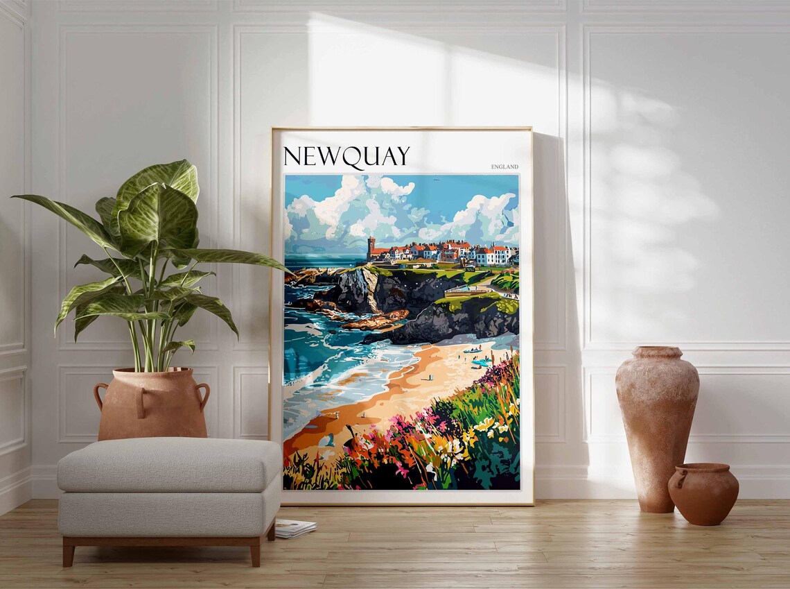 Newquay England Rocky Cliffs Crashing Waves Wildflowers Poster - Image 3