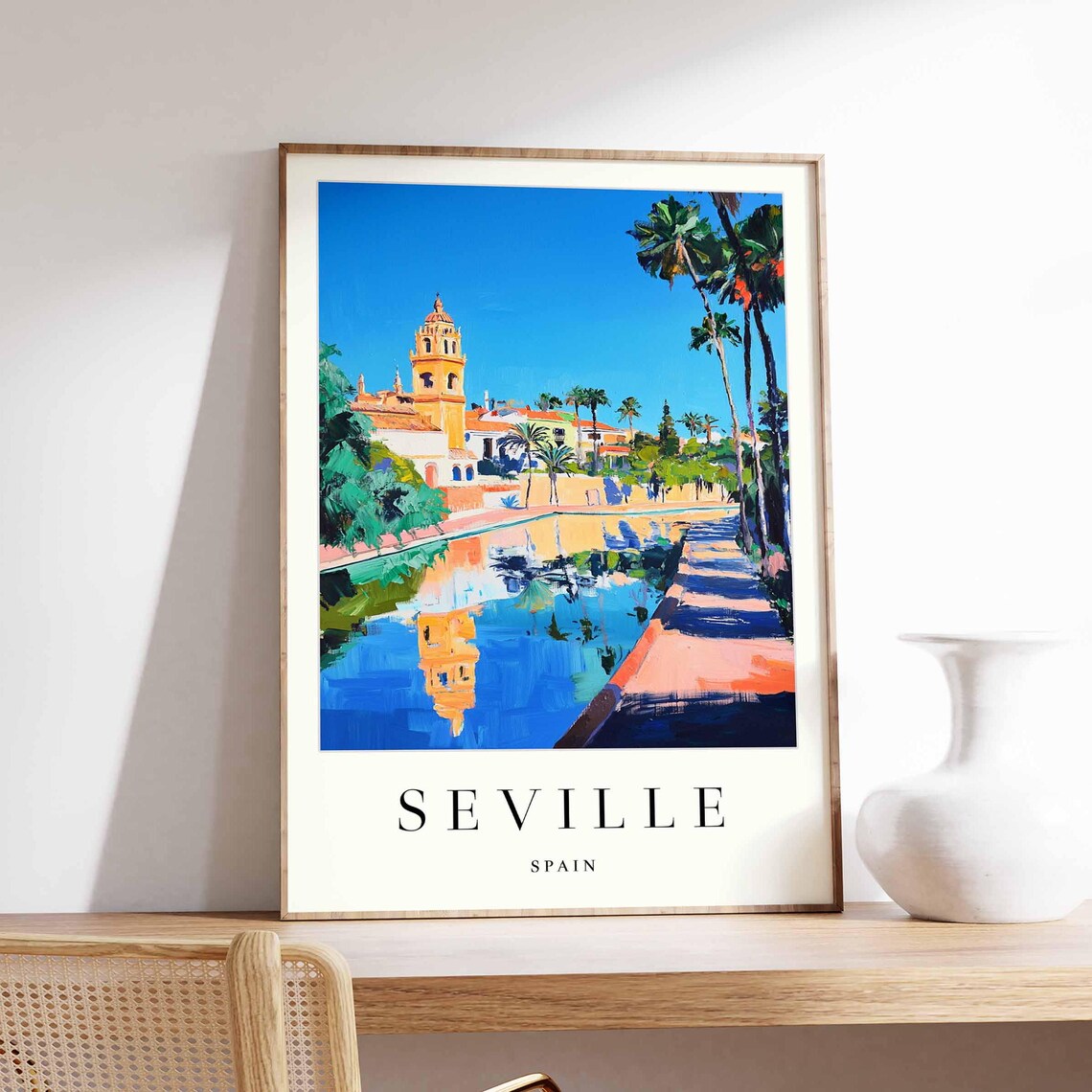 Seville Spain Riverside Walkway Palm Trees Church Travel Poster