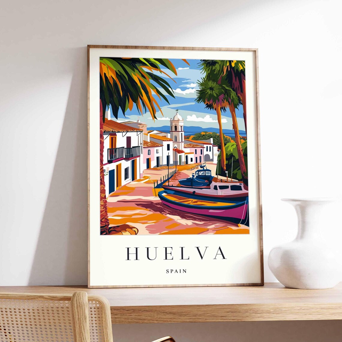 Huelva Spain Fishing Boats Harbor Waterfront Houses Travel Poster