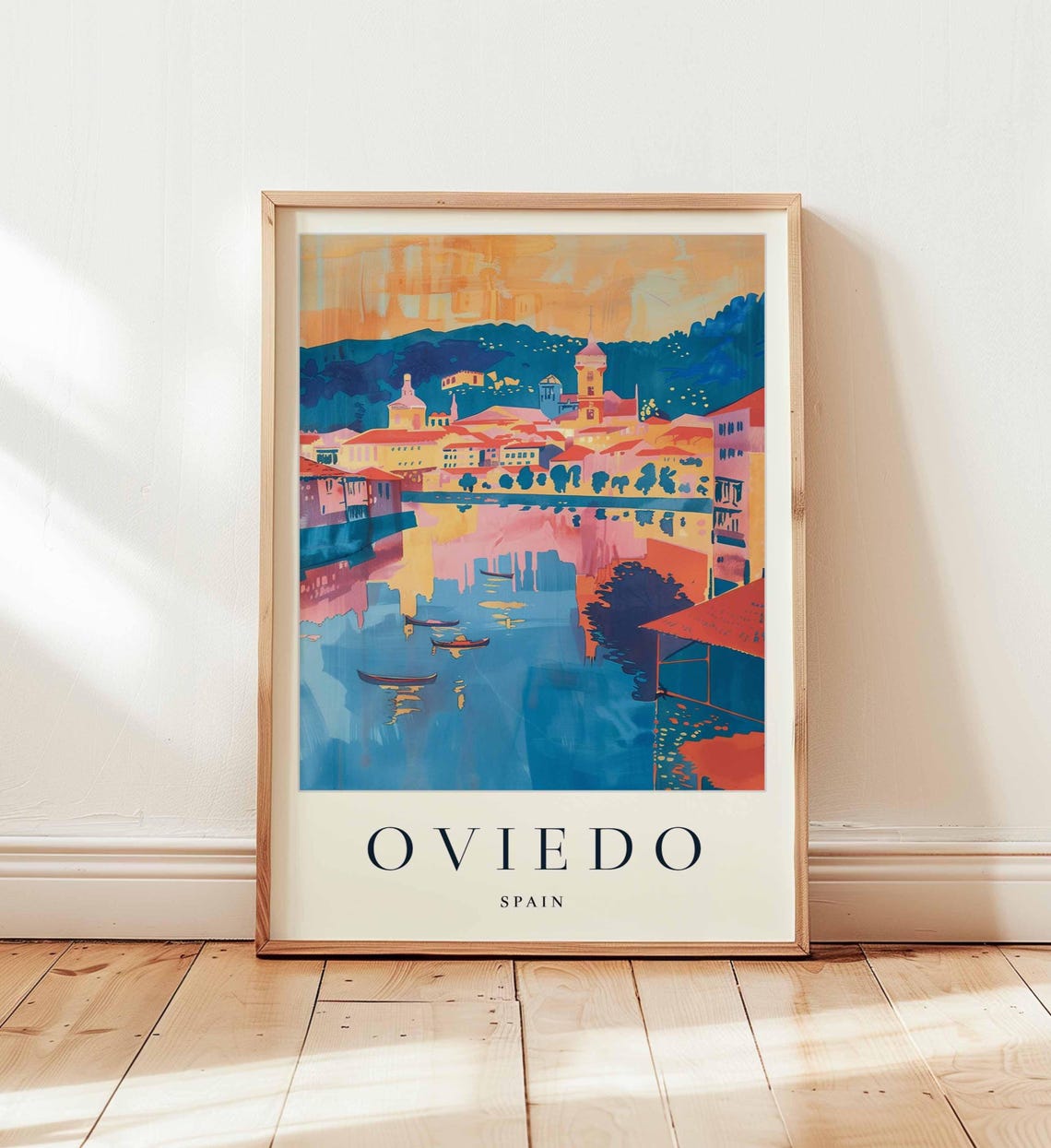 Oviedo Spain Riverside Reflections With Boats Scenic Travel Poster