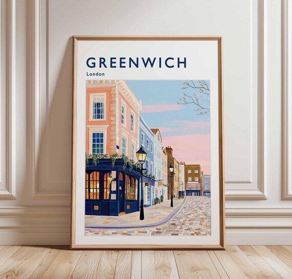Greenwich London Cobblestone Street Lamplight Pub at Dusk Poster