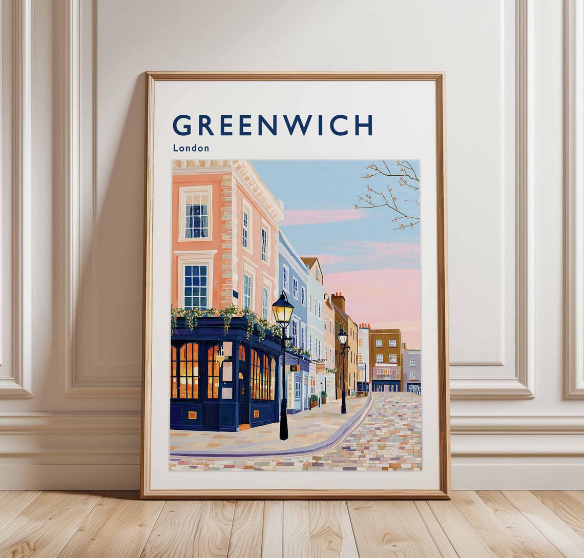 Greenwich London Cobblestone Street Lamplight Pub at Dusk Poster