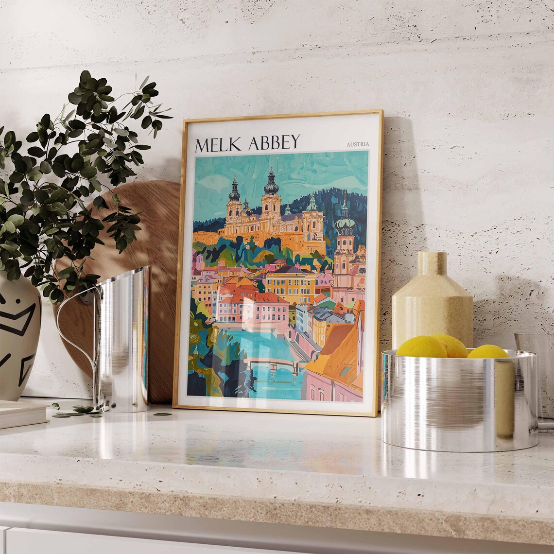 Melk Abbey Austria Golden Towers Close Up Over the River Travel Poster - Image 2