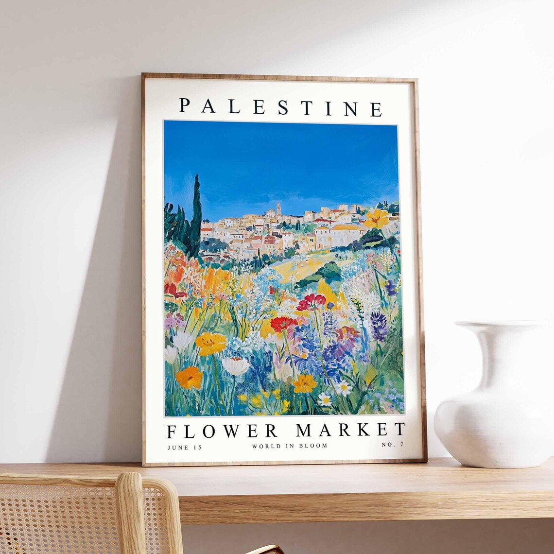 Palestine Flower Market Poster Blooming Wildflowers and Village Scene