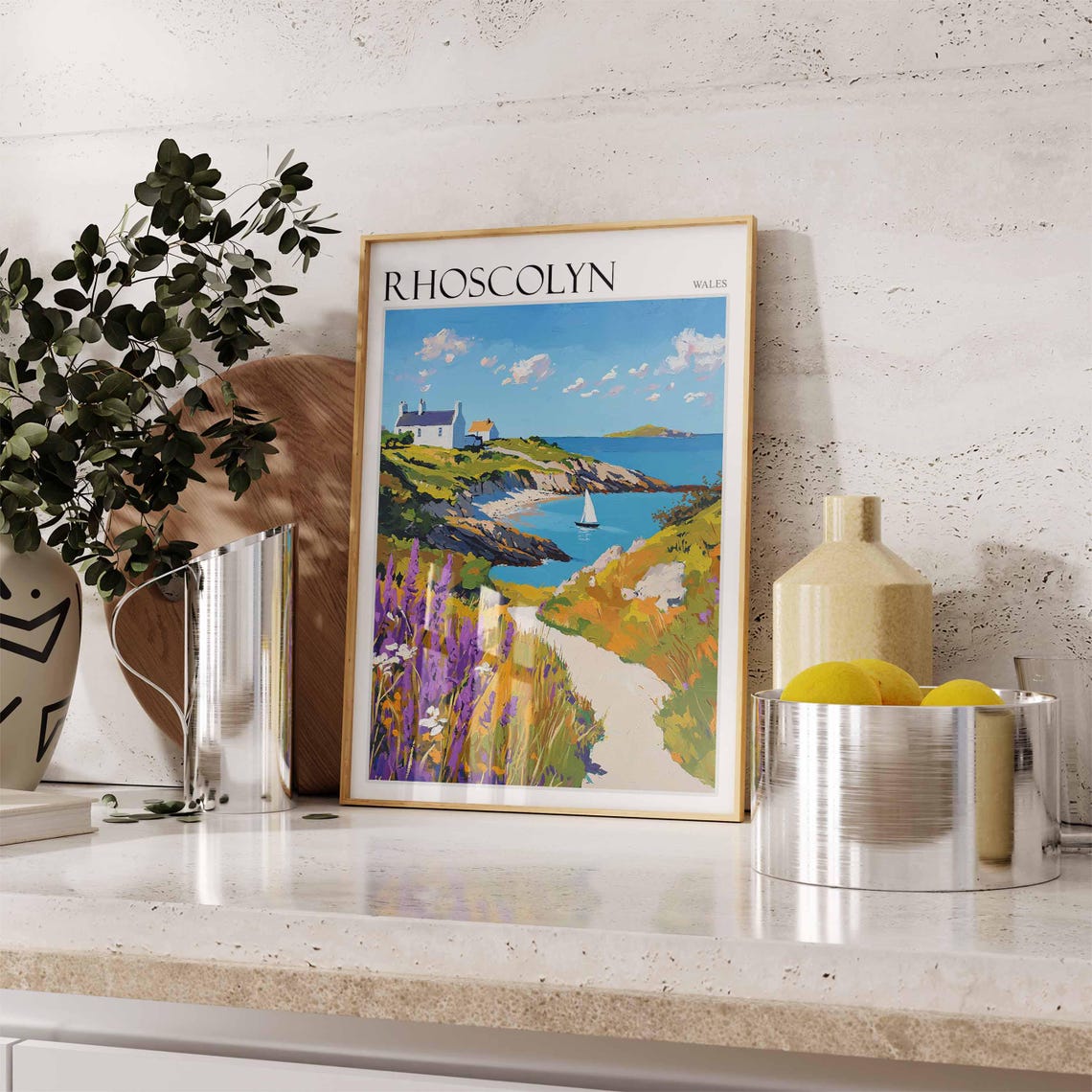 Rhoscolyn Wales Lavender Field Path Cottage Sailboat Art Poster - Image 3