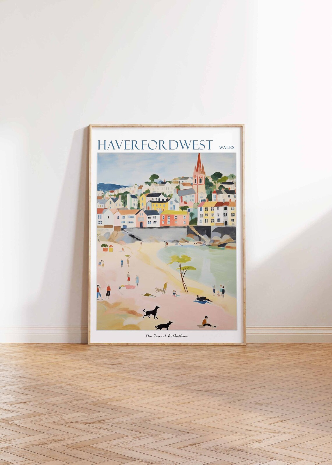 Haverfordwest Wales Pink Beach Red Spired Church Dog Walkers Poster - Image 2