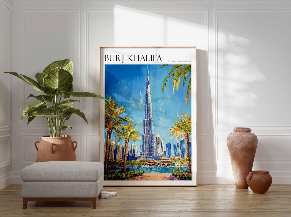 Burj Khalifa Dubai Lakeside Walkway Palm Trees Oil Art Poster - Image 2