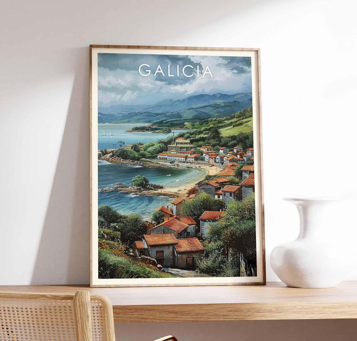 Galicia Spain Coastal Village Beach Sailboats Scenic Travel Poster