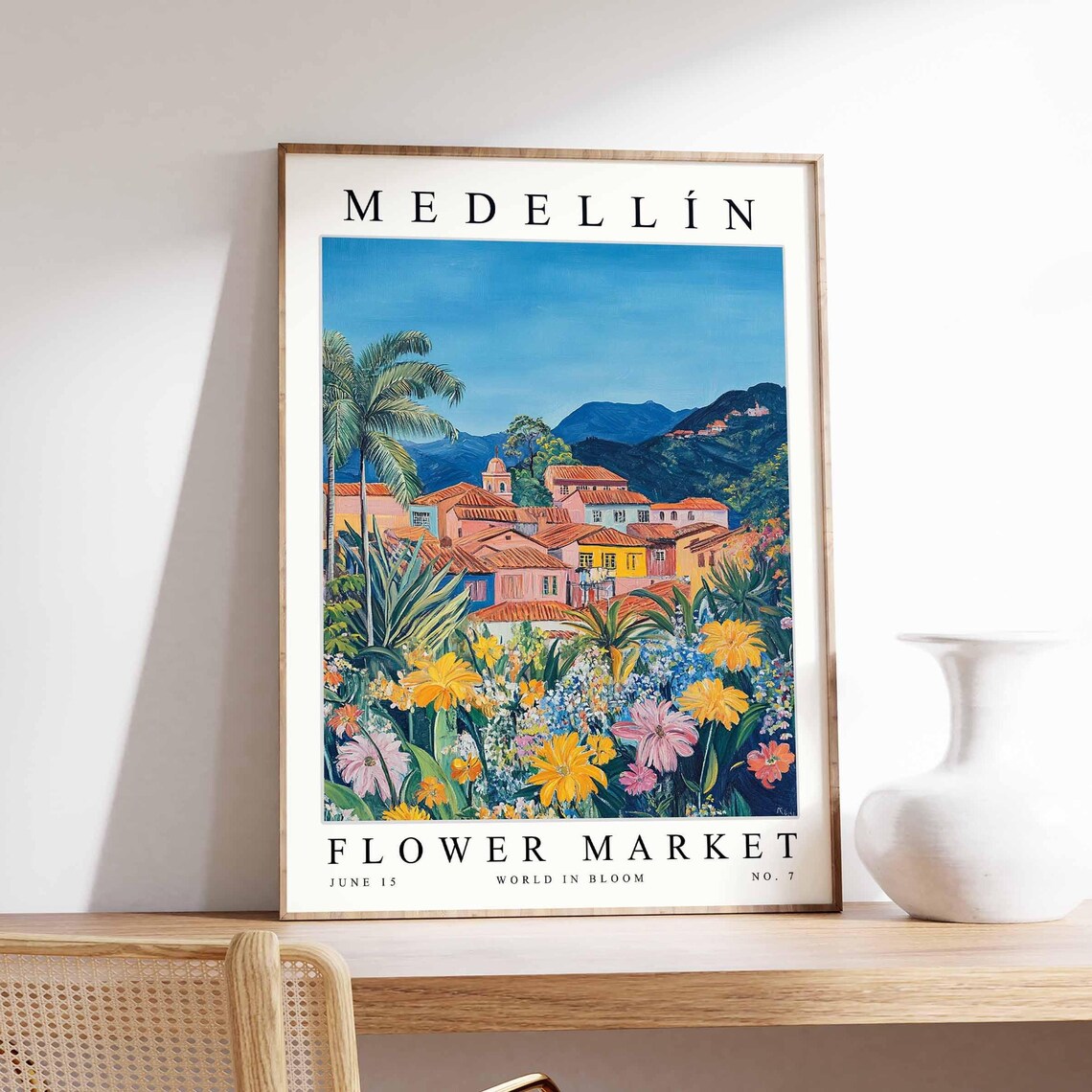 Medellin Colombia Flower Market Poster Terracotta Rooftops Flower Scene