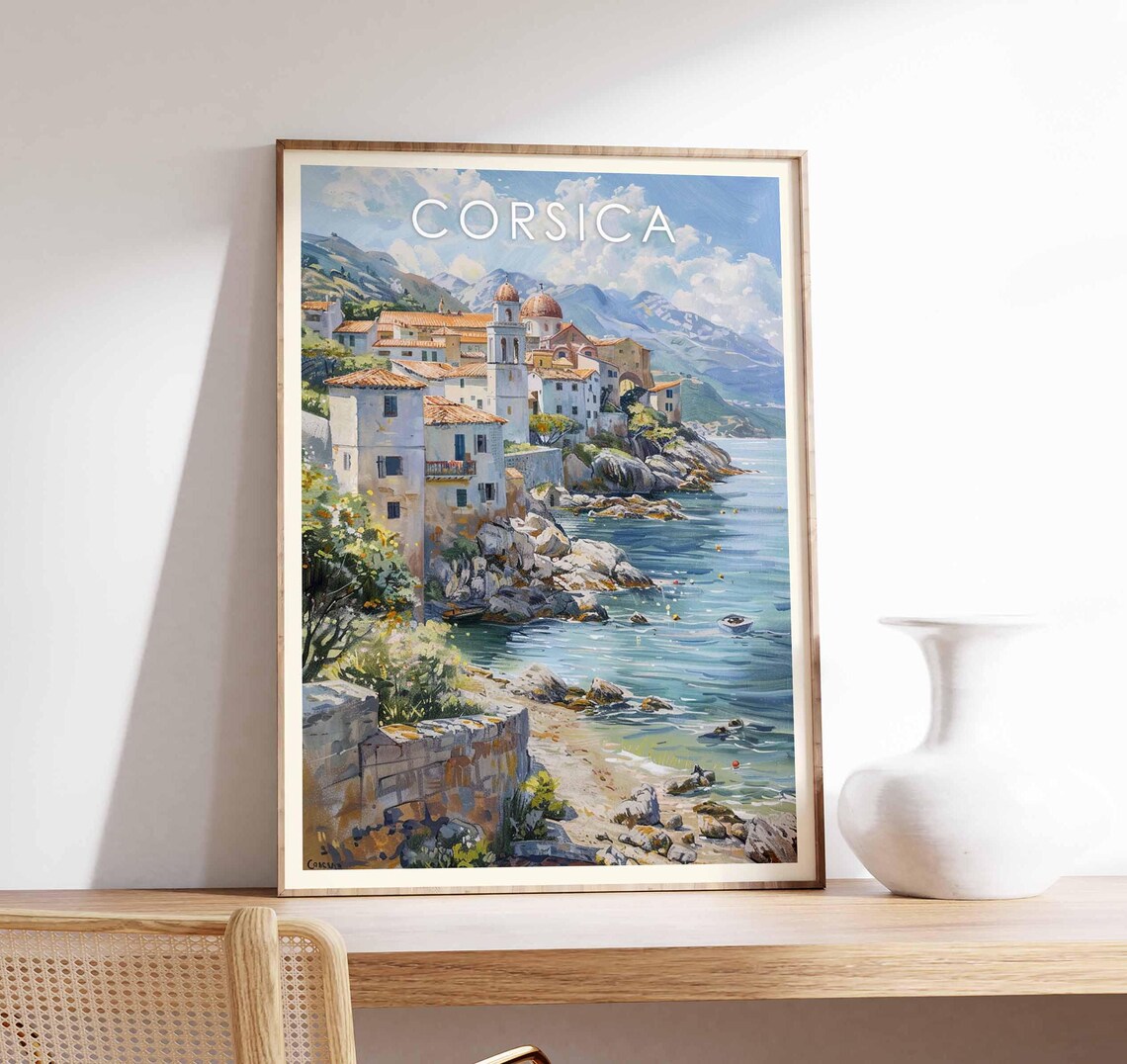 Corsica French Island Coastal Town Church Sea View Art Poster