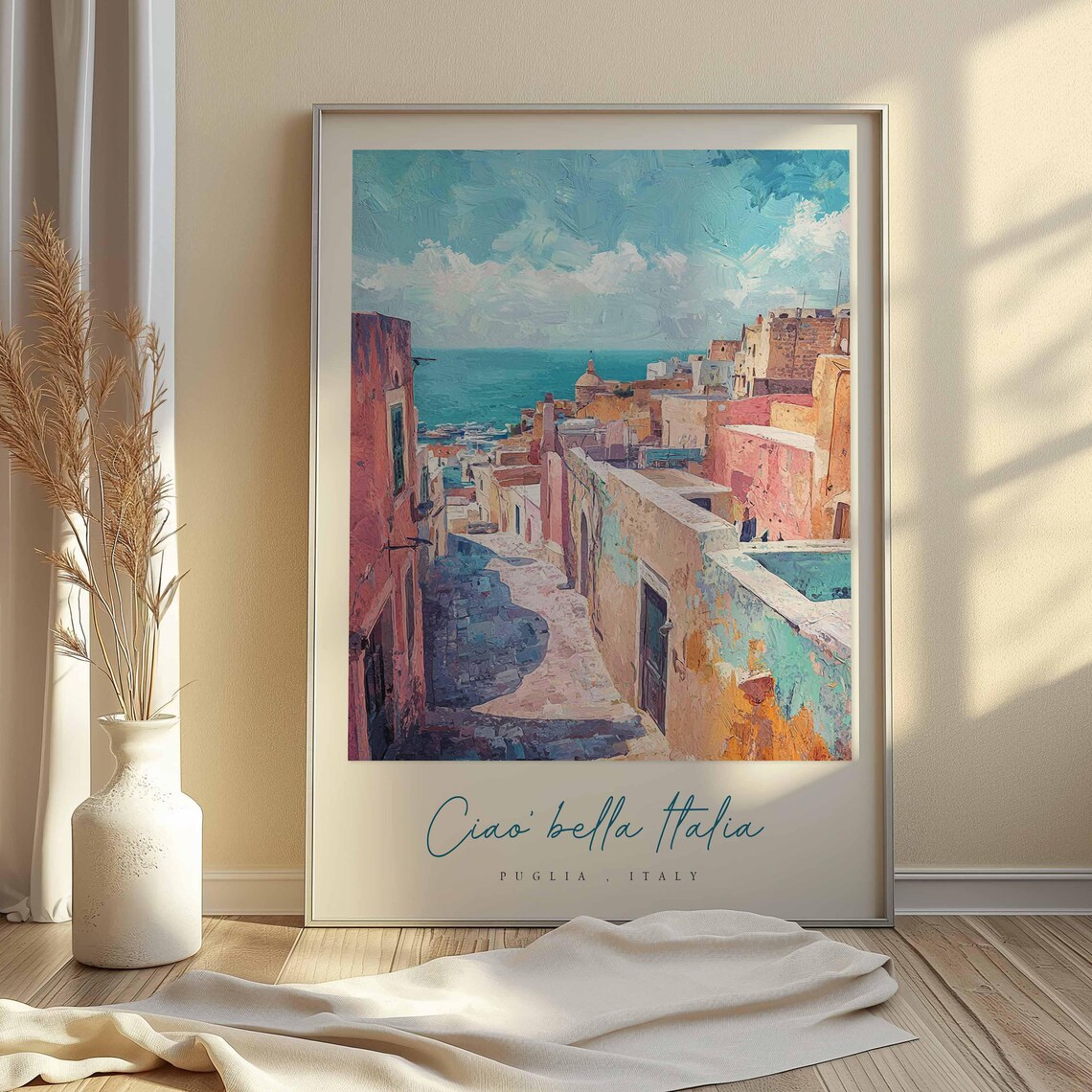 Puglia Italy Sunlit Alley Pastel Buildings Blue Sea Art Poster - Image 2