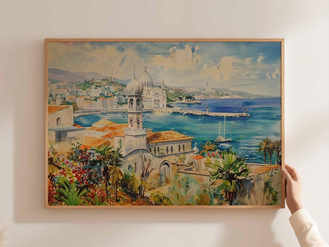 Algiers Algeria Coastal Harbor Watercolor With Domed Cathedral View Print