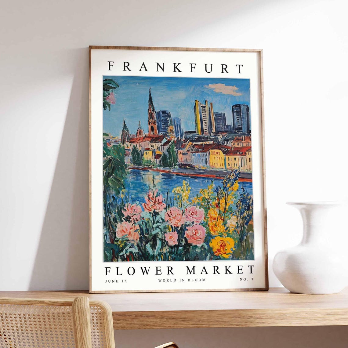 Frankfurt Flower Market Riverfront Blooms Cathedral Spire View Poster