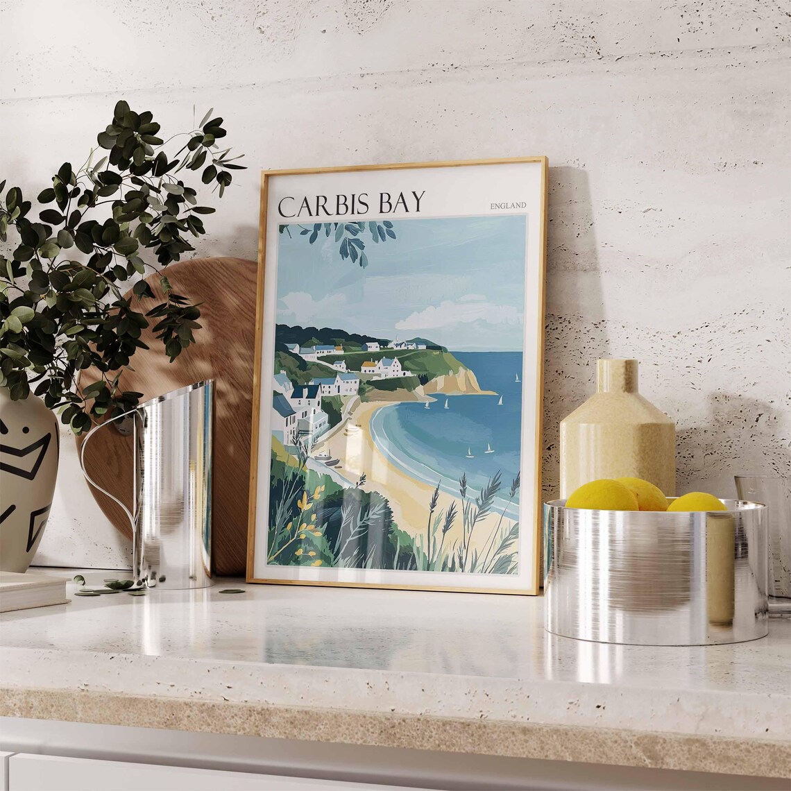 Carbis Bay England White Cottages Hill Bay Sailboats Travel Poster - Image 2