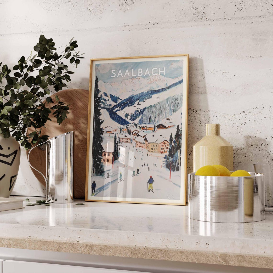 Saalbach Skiers Watercolor Downhill Alpine Piste Scene Poster - Image 2