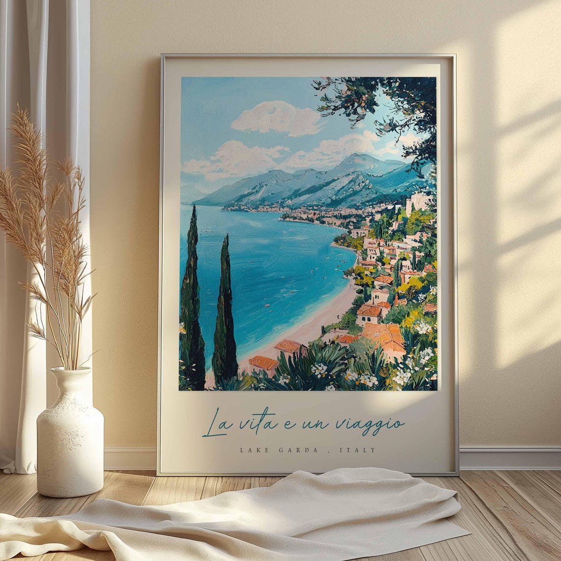 Lake Garda Italy Beach Cove Hillside Town Overlook Painting Poster - Image 2
