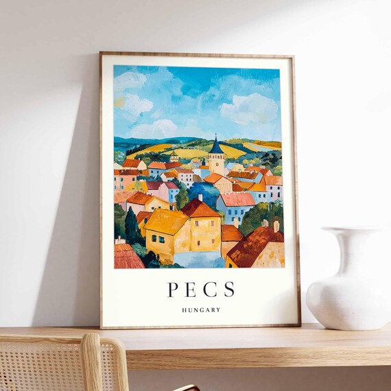 Pecs Hungary Painterly Town Rolling Hills Church Tower Poster