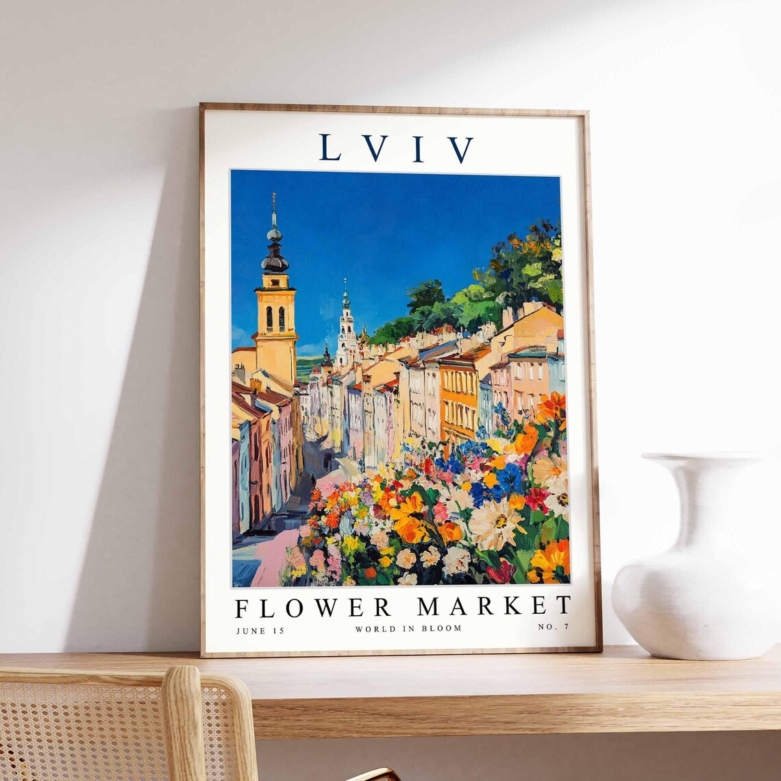 Lviv Flower Market Yellow Tower Old Street Summer Bloom Poster