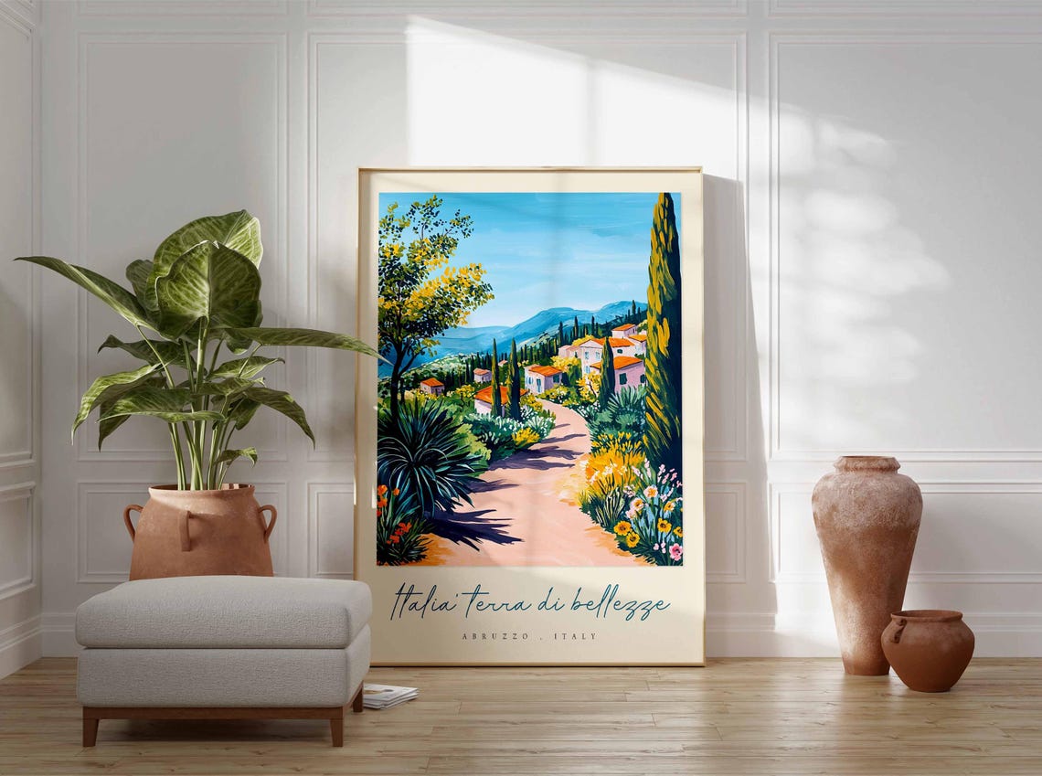 Abruzzo Italy Colorful Garden Path Cypress Village Travel Poster - Image 3