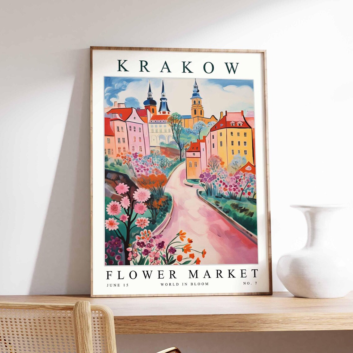 Krakow Flower Market Pink Cosmos Lane Old Town Spires Poster