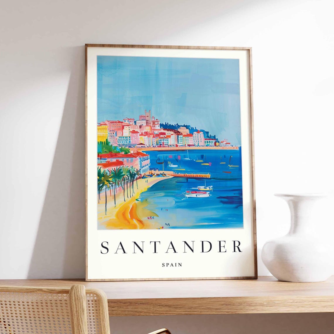 Santander Spain Palm Lined Beach and Blue Bay View Art Poster