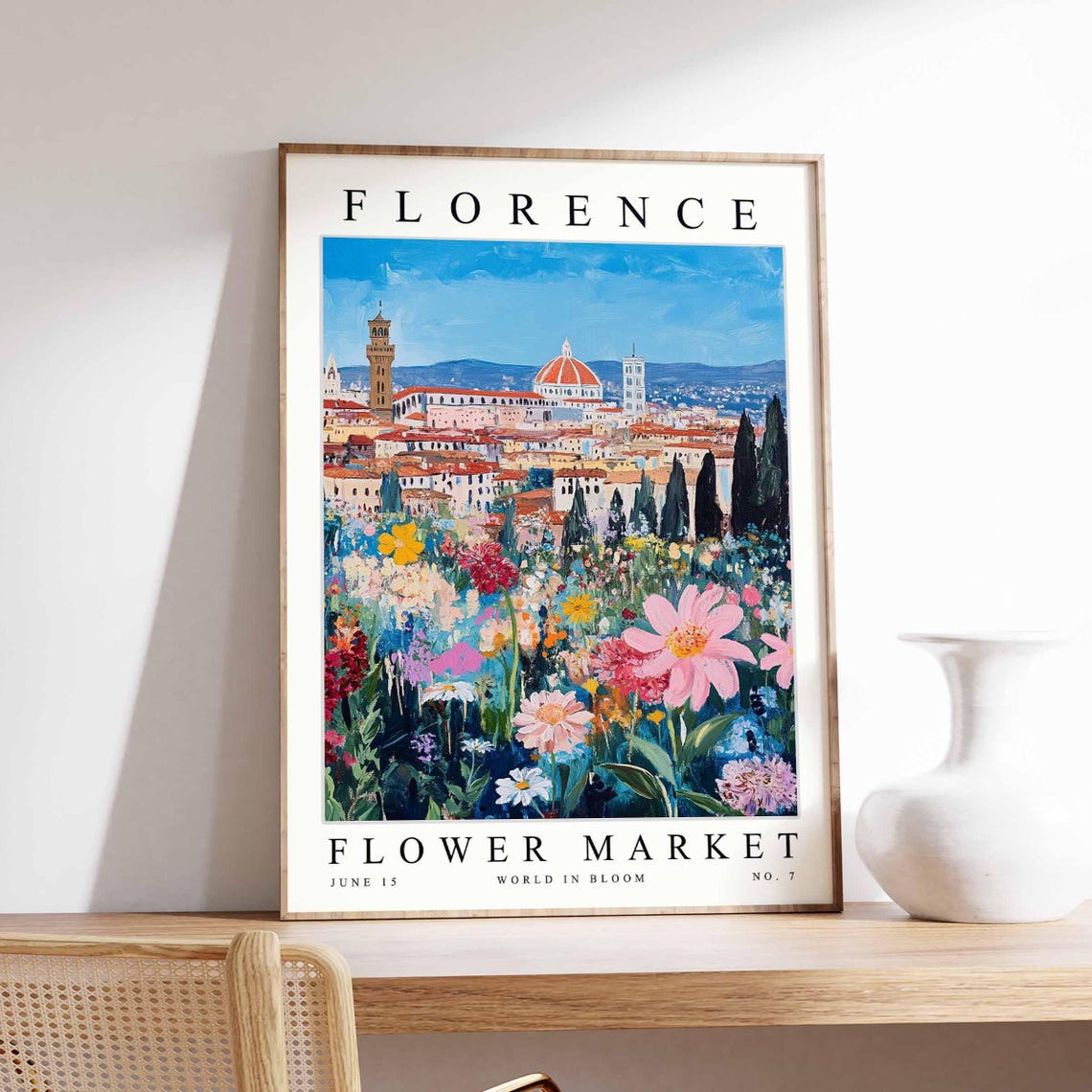 Florence Flower Market Peach Blossom Cypress Trees City Poster