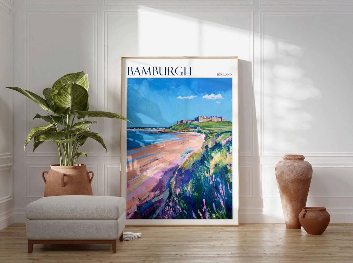 Bamburgh Castle Northumberland Pink Sand Beach Coastal Travel Poster - Image 3