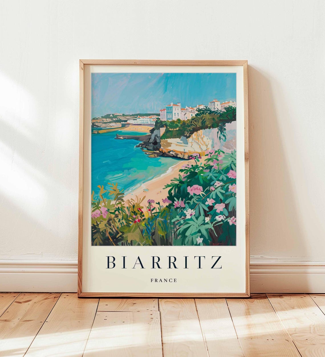 Biarritz France Atlantic Beach Cliffs Blooming Flowers Travel Poster